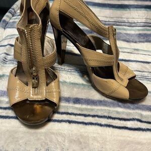Michael Kors Tan Zip-Front Strappy High Heel Sandals